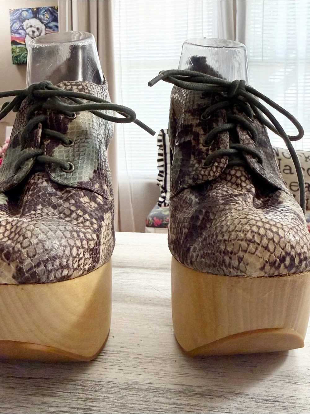 Jeffrey Campbell Sage Green Snake-Print Platform Lace-Up Wedges